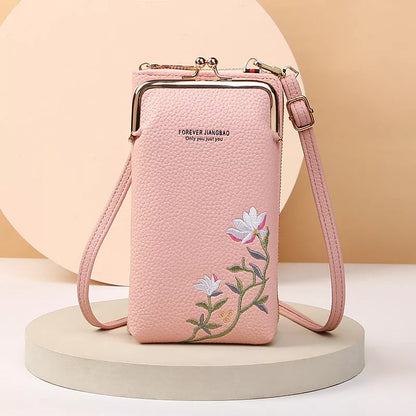 Flower embroidery phone bag with lock buckle in multiple colors