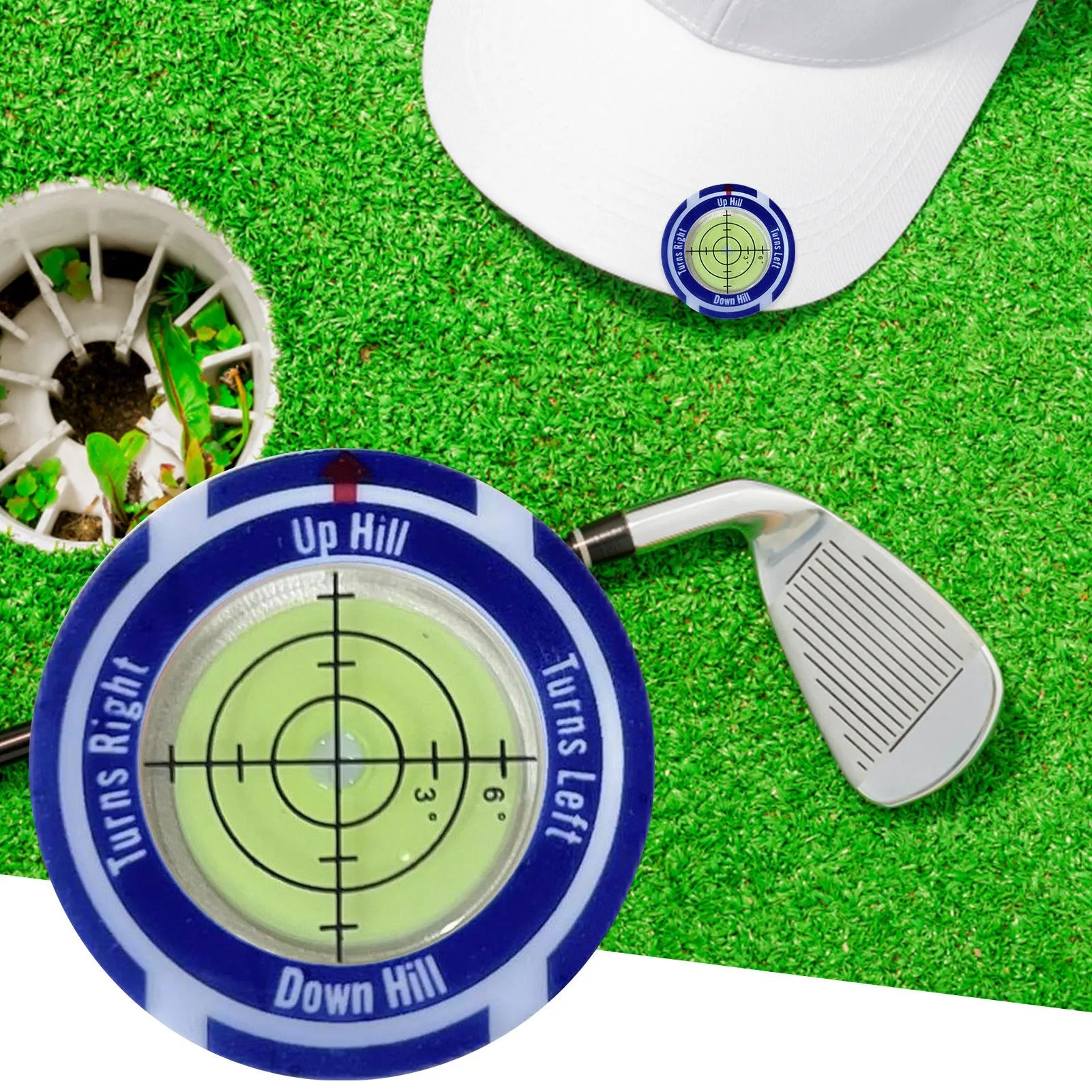 Golf level hat clip measurement device with green level markings and position marks for putting alignment