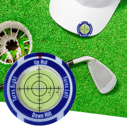 Golf level hat clip measurement device with green level markings and position marks for putting alignment