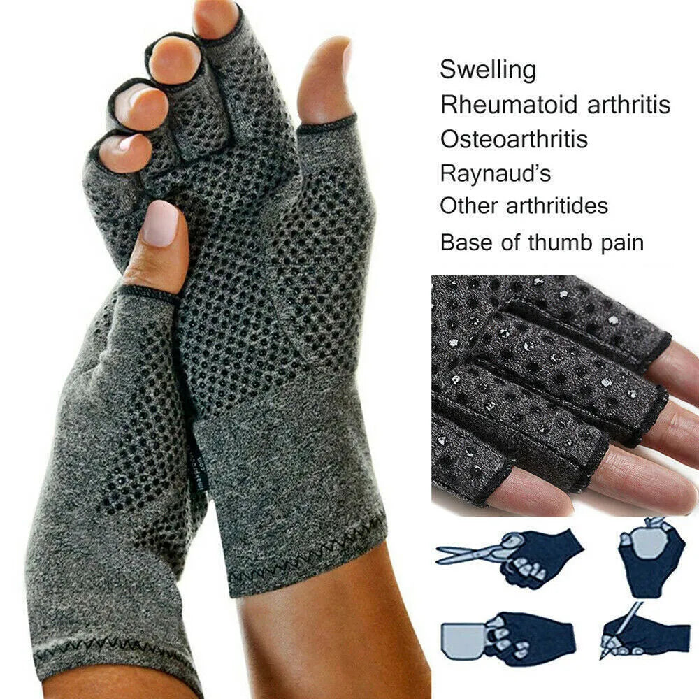 Grey half-finger joint compression gloves with silicone palm grips showing hand joint coverage