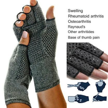 Grey half-finger joint compression gloves with silicone palm grips showing hand joint coverage