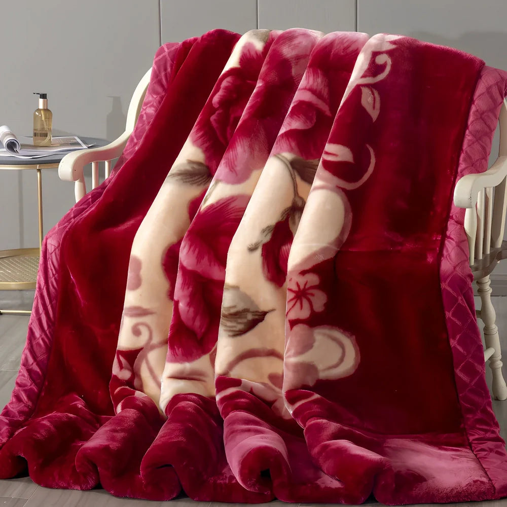 Double-sided flannel blanket quilt with plant and flower pattern showing genuine double-layer thickening