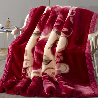 Double-sided flannel blanket quilt with plant and flower pattern showing genuine double-layer thickening