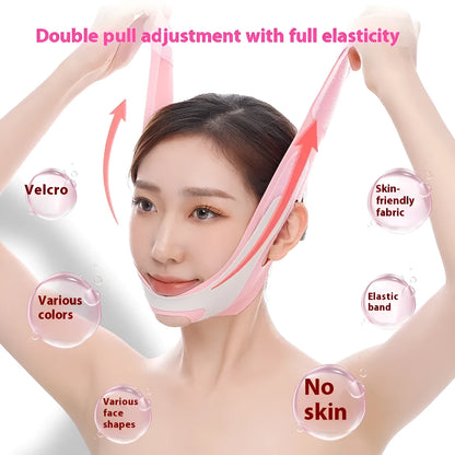 Pink and black elastic V-shaped face bandage for facial contouring and skin toning.