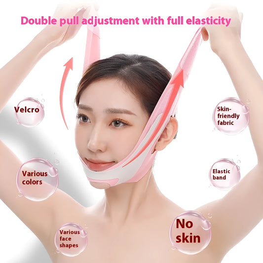 Pink and black elastic V-shaped face bandage for facial contouring and skin toning.