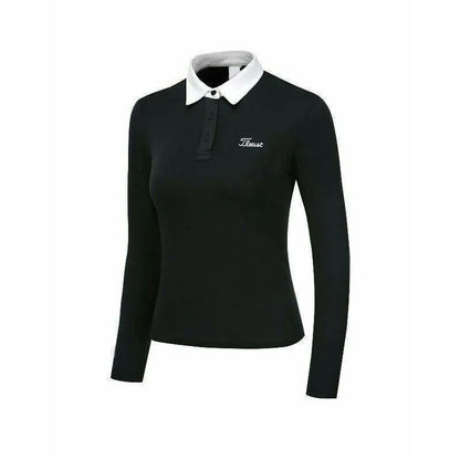 Women's white long-sleeve golf top with slim-fit design for sun protection during outdoor activities