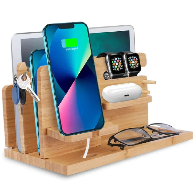 Wooden desktop phone stand with bracket base measuring 25x15cm, crafted from solid tung wood for stable device support and organised workspace management