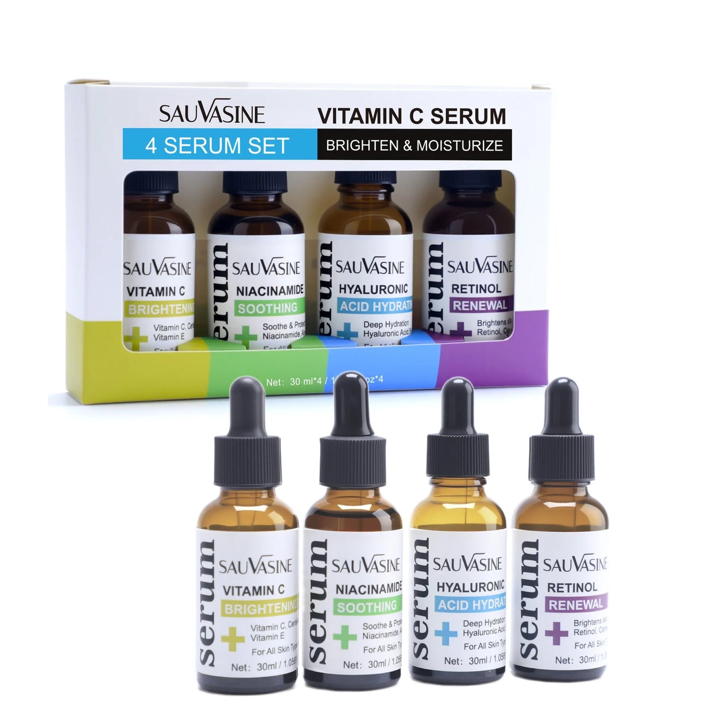 Vitamin C skincare 4-piece set with four 30ml bottles of facial essence for pore refinement