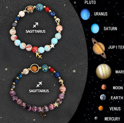 Twelve Zodiac Sign natural stone beaded bracelets with adjustable 20-24cm length showing distinct astrological designs