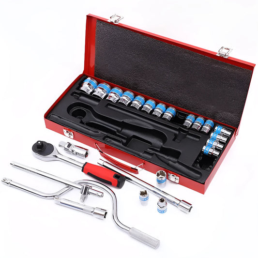 24-piece curved bow design socket wrench set in a case for automotive and mechanical repair