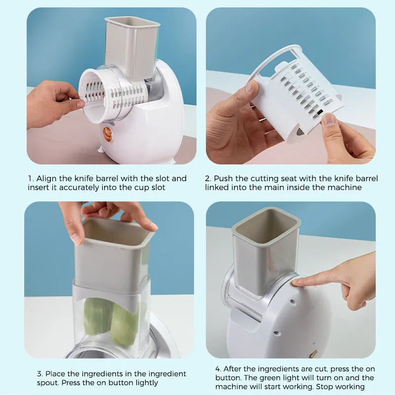 Electric vegetable slicer and multifunctional food chopper with strong suction base, modern manual round tumbling design for efficient rotary grating of potatoes, carrots and cheese in white or green colour options with USB or US plug adapter
