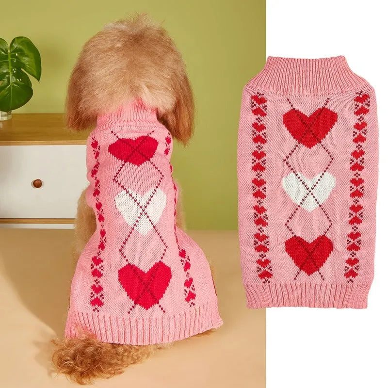 Red love heart pattern dog sweater with pink bow decoration on small dog