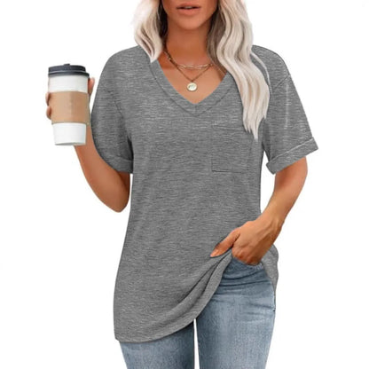 Grey loose V-neck short sleeve t-shirt with chest pocket, showing 40cm length and regular sleeves for casual wear