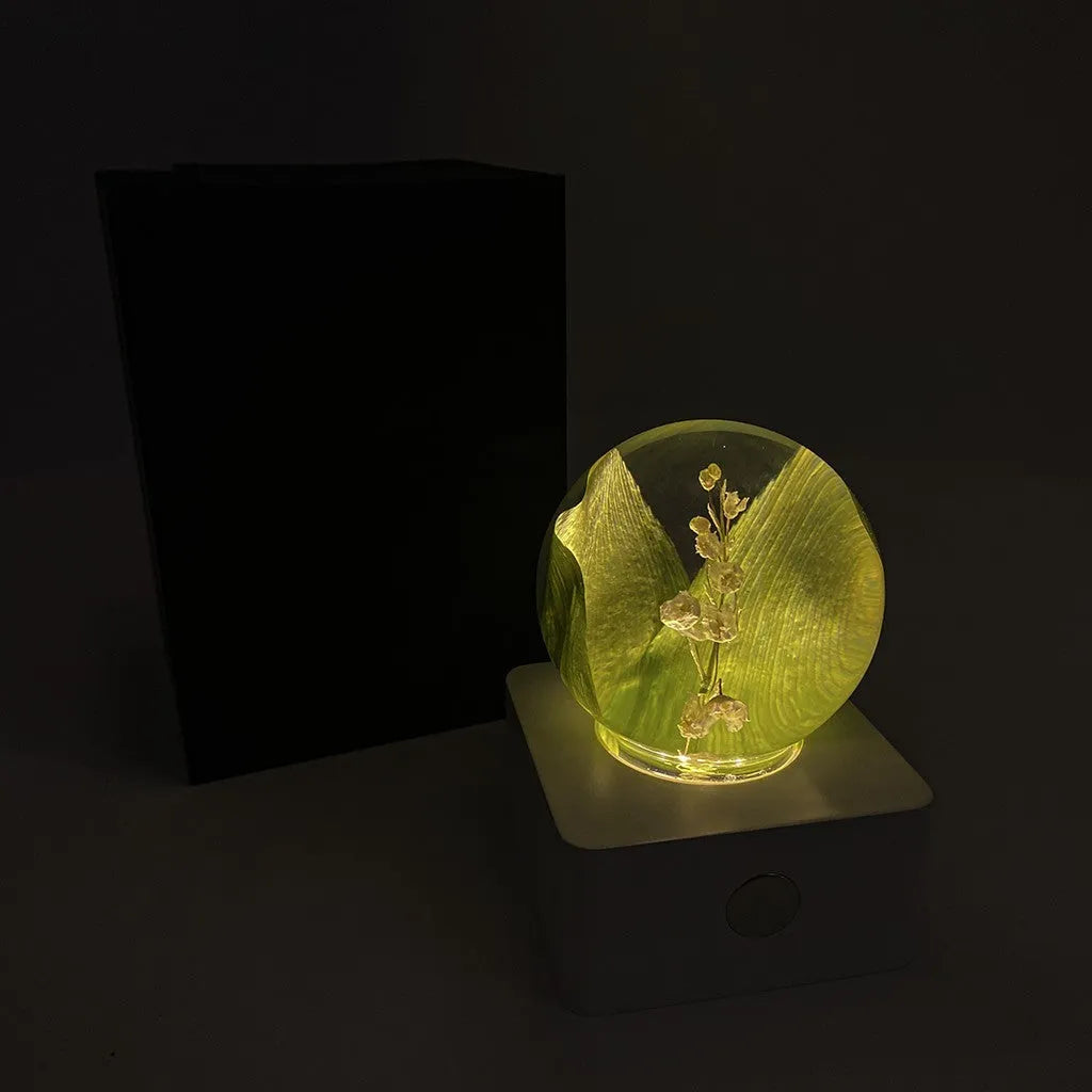 Small clear dome desktop night light with a preserved dandelion and sunflower inside, illuminated softly.