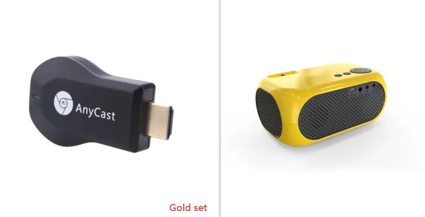 M24 gold and white portable mini LED projector with remote on a wooden table.