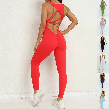 Stylish yoga jumpsuit with unique V-shaped back design, sleeveless, and stretch fabric for versatile fitness routines