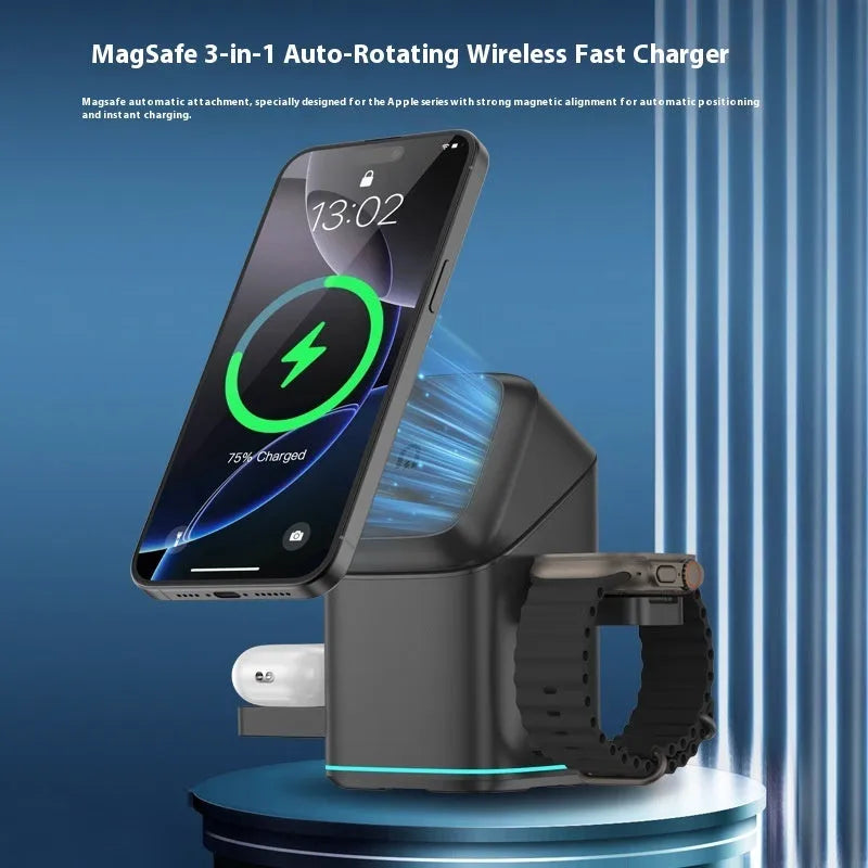 Black magnetic wireless phone charging stand on a desk, rotated to a landscape viewing angle.