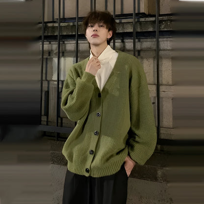 Men's loose fit V-neck cardigan sweater in army green, a cotton blend casual garment