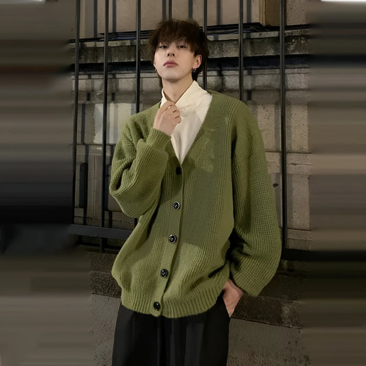 Men's loose fit V-neck cardigan sweater in army green, a cotton blend casual garment