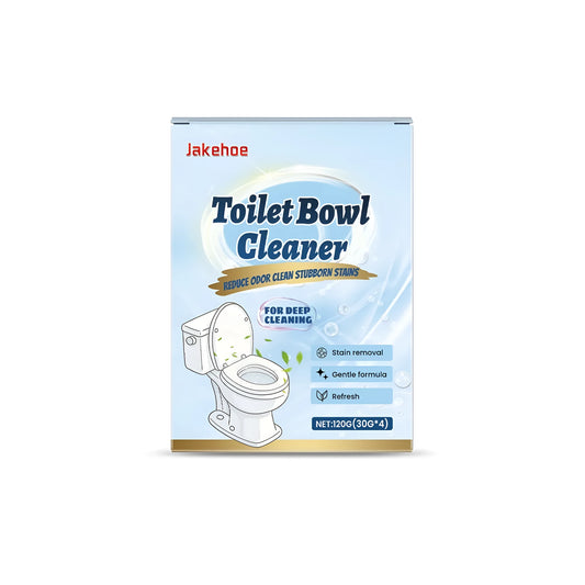 Box of toilet cleaning powder showing four individual 30g sachets, effervescent foam in a toilet bowl.