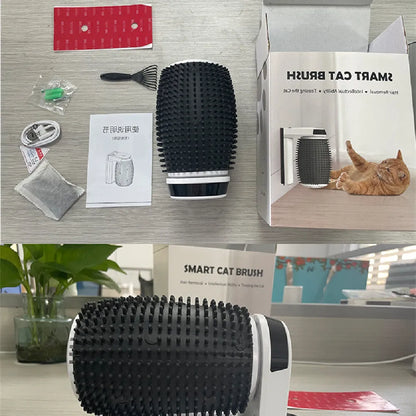 White automatic cat self groomer mounted in corner with soft silicone bristles