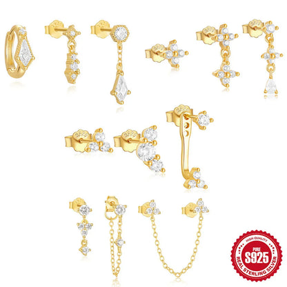 S925 sterling silver geometric earring set with three designs featuring zircon accents in gold tone finishes