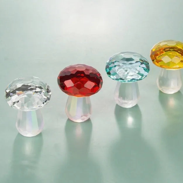 White crystal mushroom decorative sculpture measuring 40mm by 53mm in transparent, light green, red, or yellow colour options