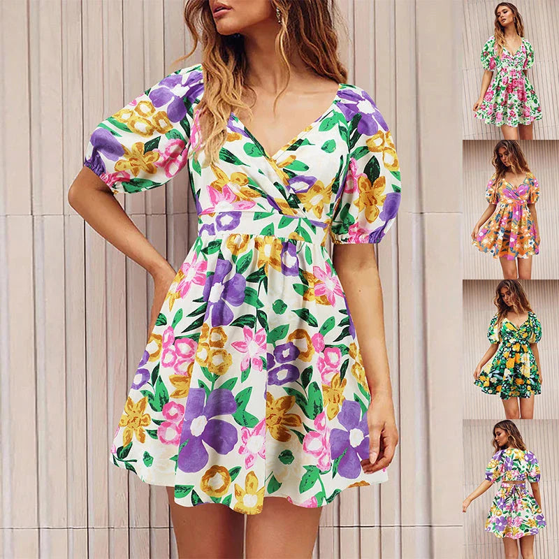 Floral lantern sleeve dress in various vibrant colors, perfect for summer vacations and beach activities