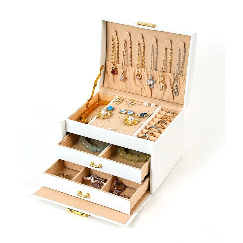 Portable dustproof jewellery box 18x14x13cm in white, pink, green, or black with density plate leather and flannel