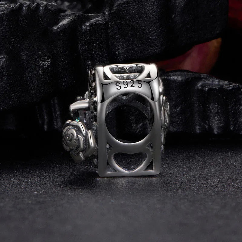 925 silver rose bead charm, 1.1cm by 1.2cm with 0.45cm aperture, dark style DIY jewellery bead