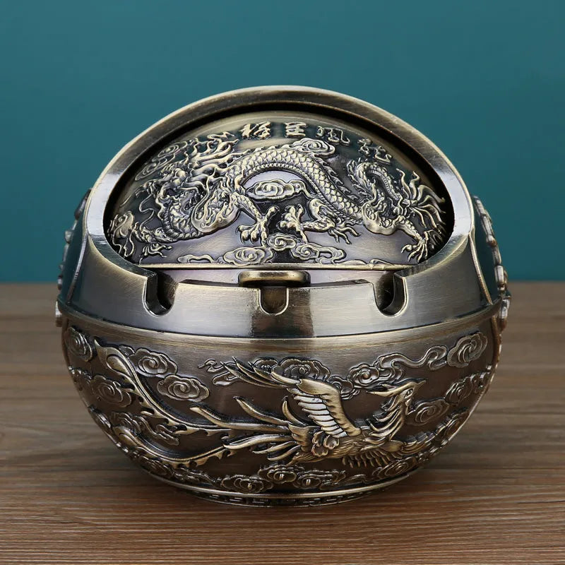 Alloy ashtray with smoke extinguishing slot in bronze finish, featuring Dragon and Phoenix motif, S size