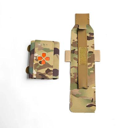 Nylon first-aid kit in camouflage pattern with organised medical supply compartments