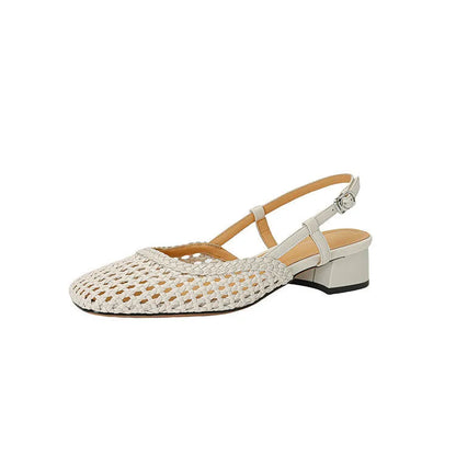 Women's woven hollow-out closed toe sandals with buckle strap and chunky heel