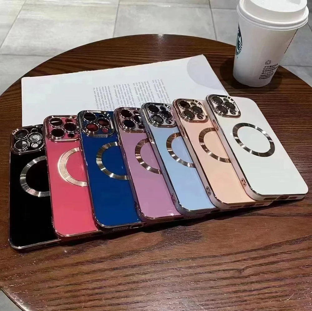 Electroplated metal brushed magnetic iPhone case showing magnetic ring and precise port cutouts