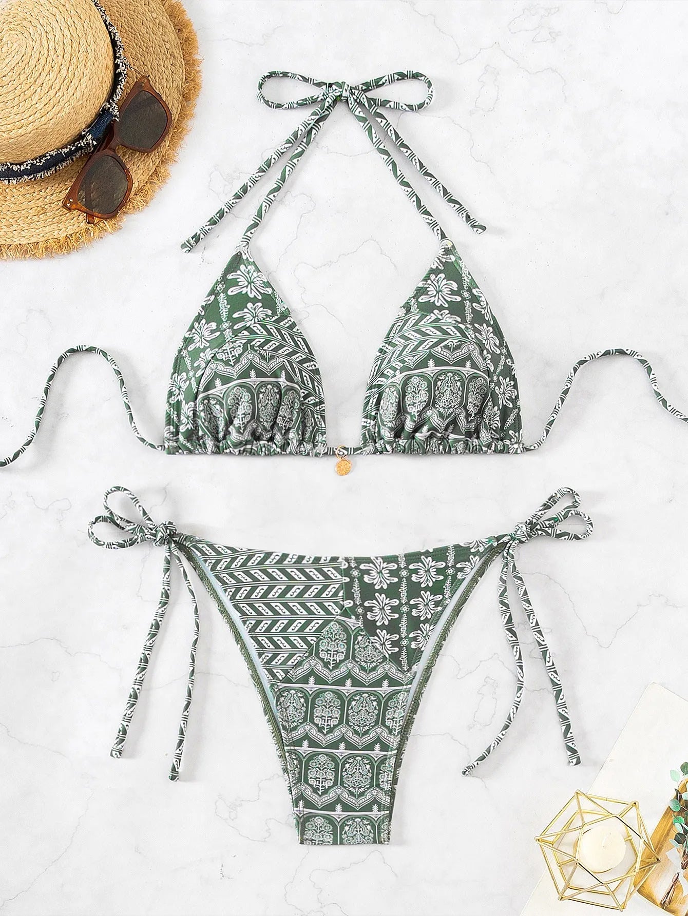 Women's bandage swimsuit with split bikini printing and stitching detail in polyester fabric