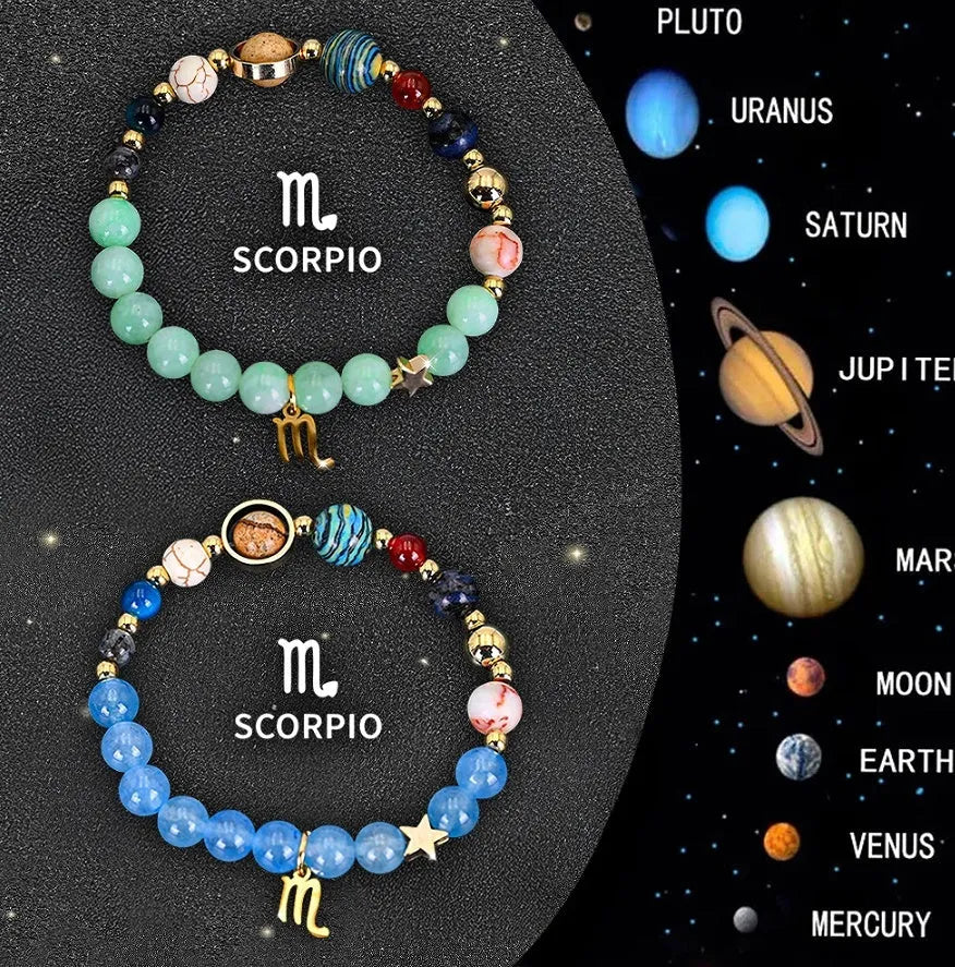 Two adjustable zodiac bracelets with natural stone beads and stainless steel charms showing 18-22cm circumference