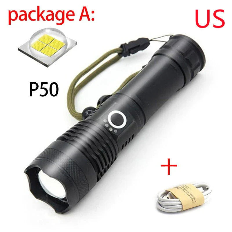 High-Powered Tactical Flashlight with Zoom and USB Charging - Durable, Waterproof, and Rechargeable LED Flashlight