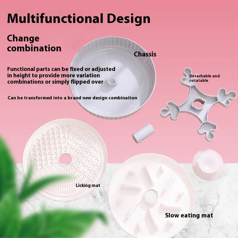 Grey rotating pet food basin with silicone pad showing beard pattern design for slow feeding