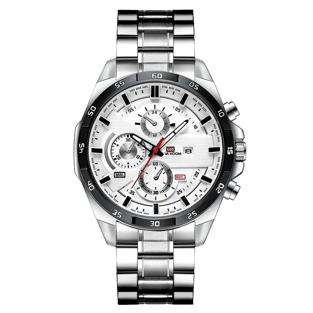 Men's business calendar waterproof quartz watch showing nine colour variants with 10mm thickness