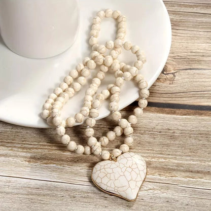 Handmade vintage ethnic style necklace with heart-shaped Mother Pearl pendant and turquoise beads