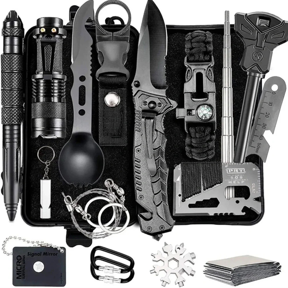 Outdoor survival kit with alloy multi-tool, emergency whistle, compass, and tools in waterproof plastic case
