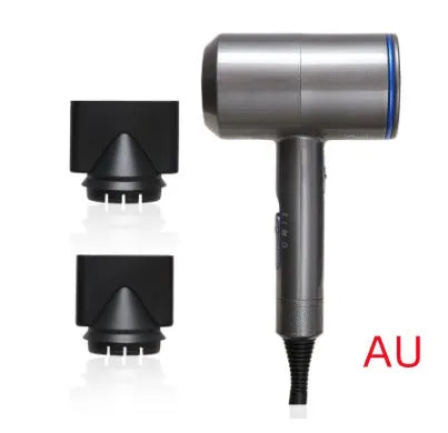Black hotel hair dryer with 2.5m cable, concentrator nozzle, and multiple international plug adapters