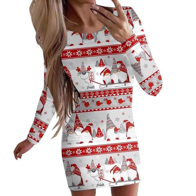 Christmas printed round neck long sleeve narrow dress with animal patterns, available in 10 floral colours and sizes S to XXL, featuring a mid-waist hip skirt design for festive social occasions.