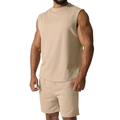 Men's sleeveless cotton blend sports suit set with shorts in multiple solid colour options