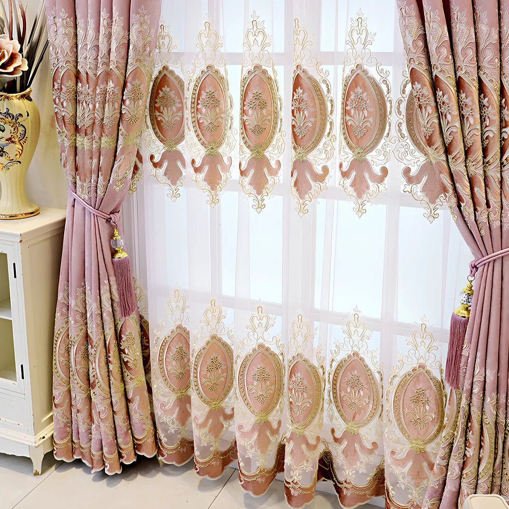 European-style blackout curtains with plant flower heart pattern in pink colour options