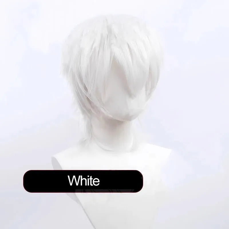 Short black anime-style cosplay wig for men with a lengthened hair tail, made from synthetic fibre.