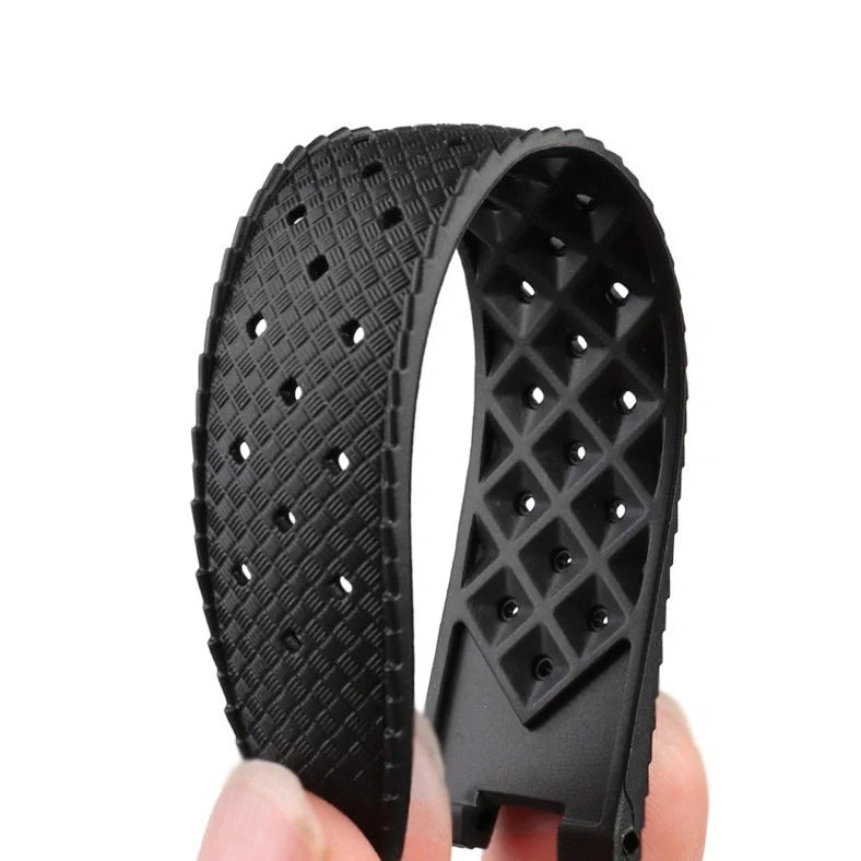 Black silicone watch strap with steel buckle showing female port connection for 20mm-22mm watches
