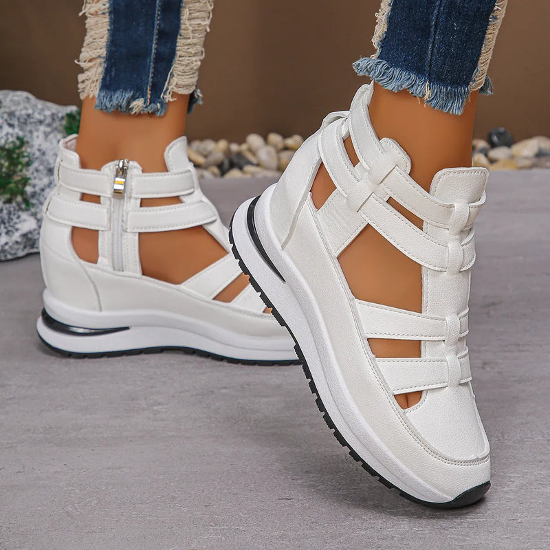 Women's close-toed hollow-out sandals summer fashion platform shoes with round toe design and Velcro fastening, available in black or white sizes 35-44 with PU lining and rubber sole for daily wear