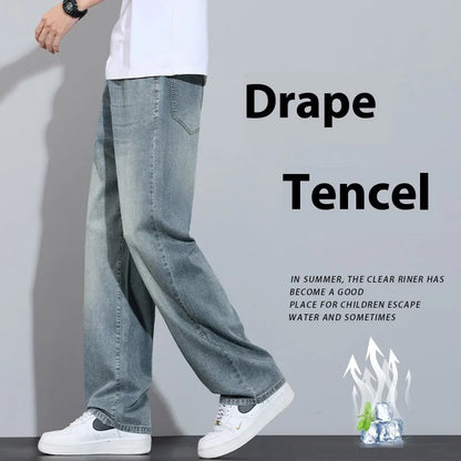 Straight-leg casual trousers in thin denim fabric with zip fly placket, available in UK2560 blue, grey, light blue, and vintage blue colours
