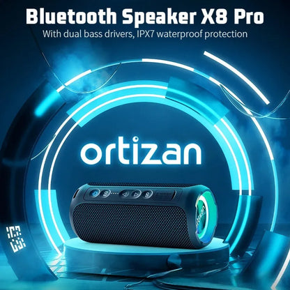 Black and blue fabric Bluetooth speaker with lighting effects, measuring 20cm width with waterproof construction